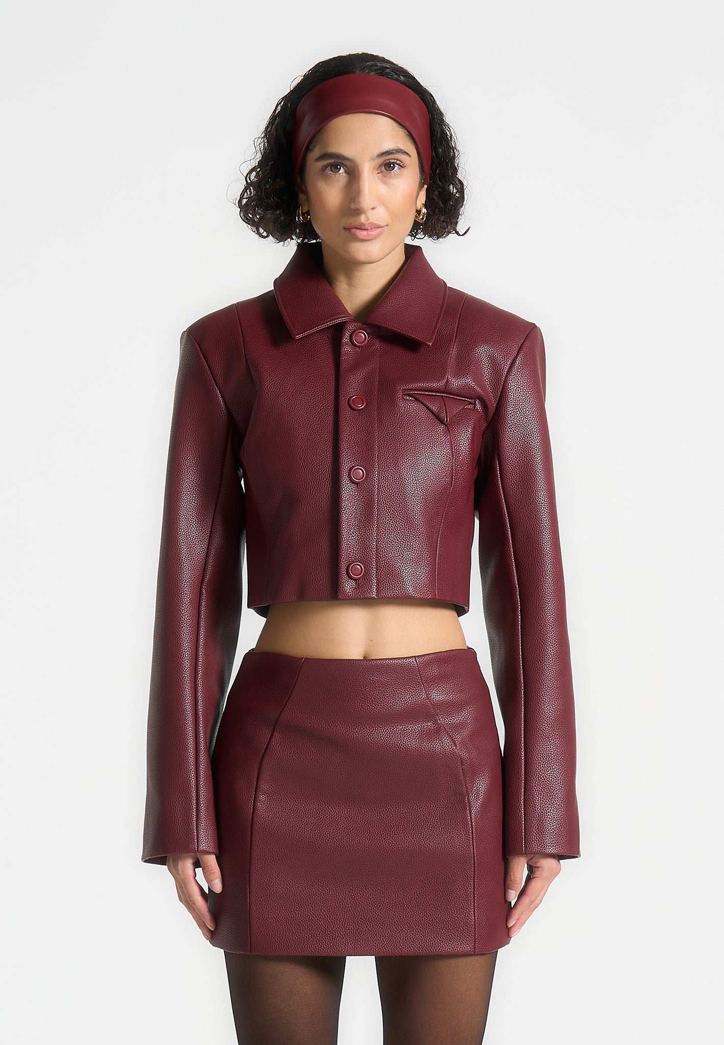 Vegan Leather Cropped Jacket - Wine Red | Wide Shoulder Design