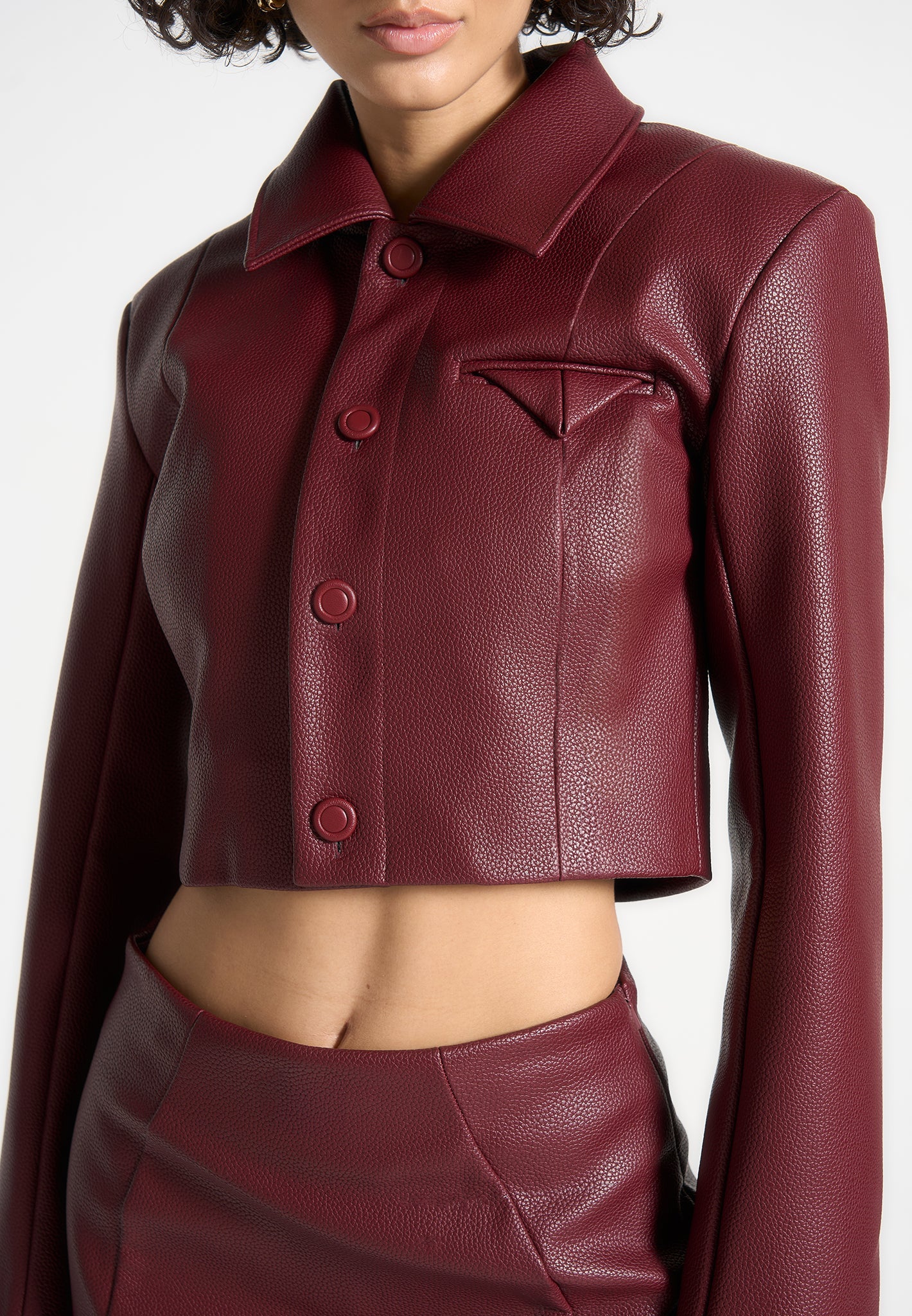 Vegan Leather Cropped Jacket - Wine Red | Wide Shoulder Design