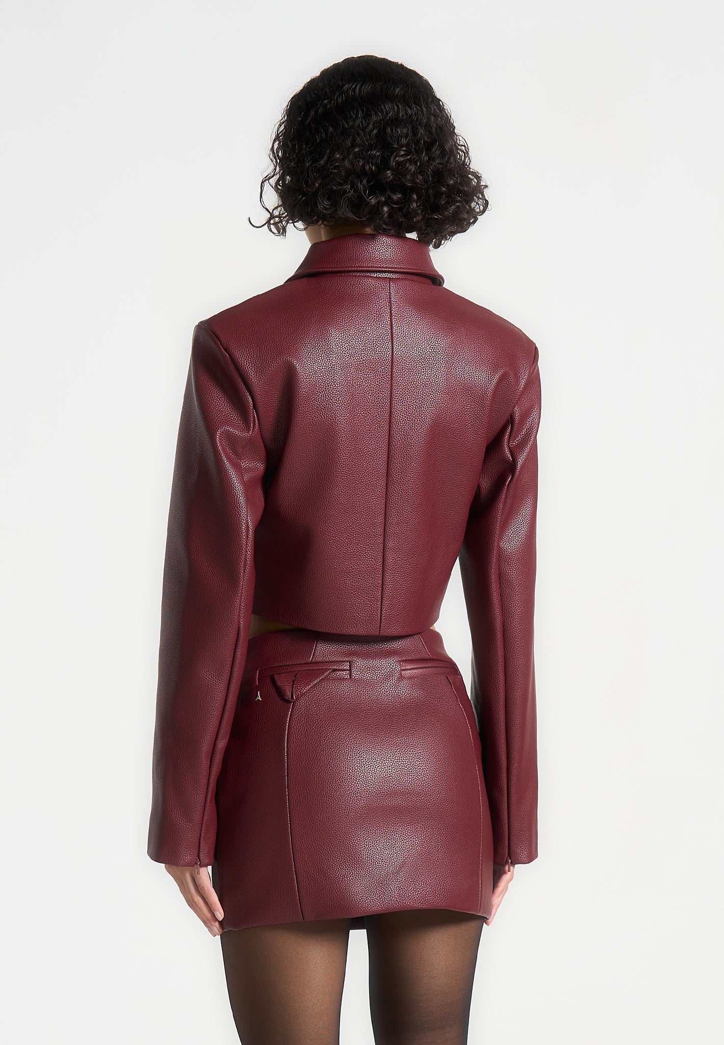 Vegan Leather Cropped Jacket - Wine Red | Wide Shoulder Design