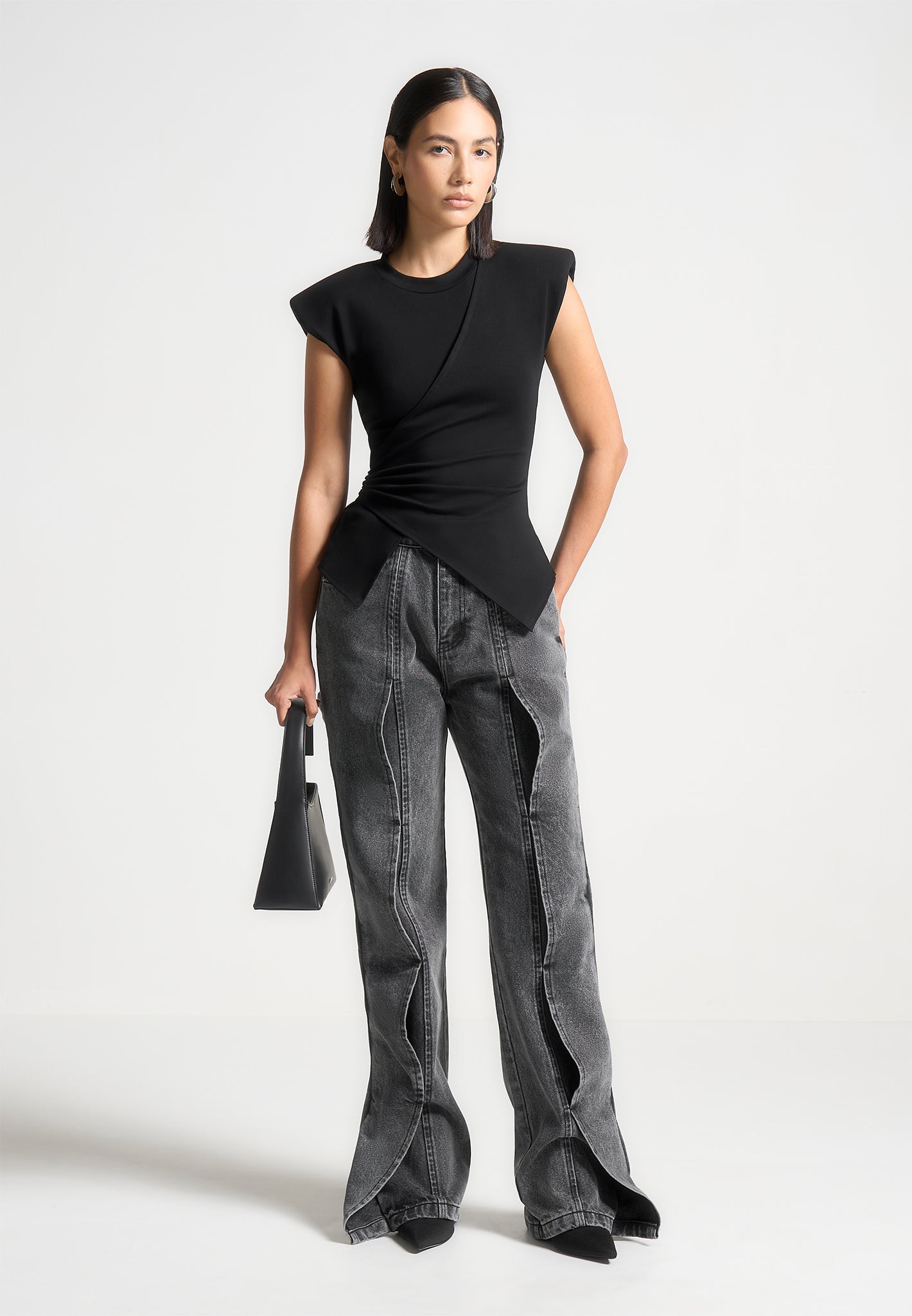 Ruched Waist Top with Wide Shoulders & Asymmetric Hem | Black