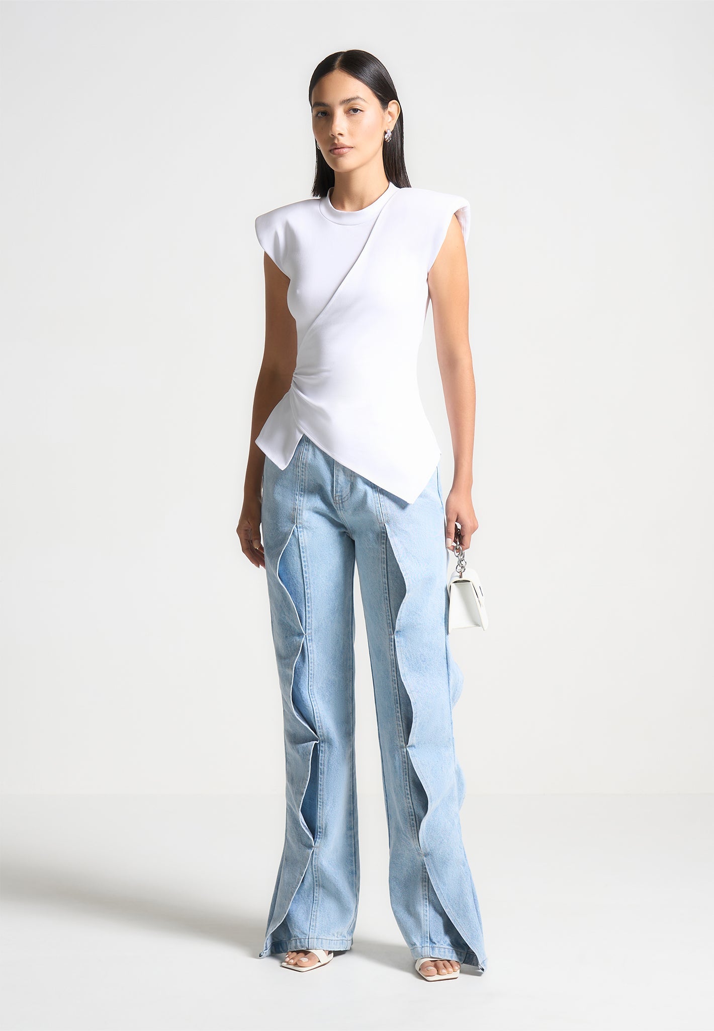 Ruched Waist Top with Wide Shoulders & Asymmetric Hem | White