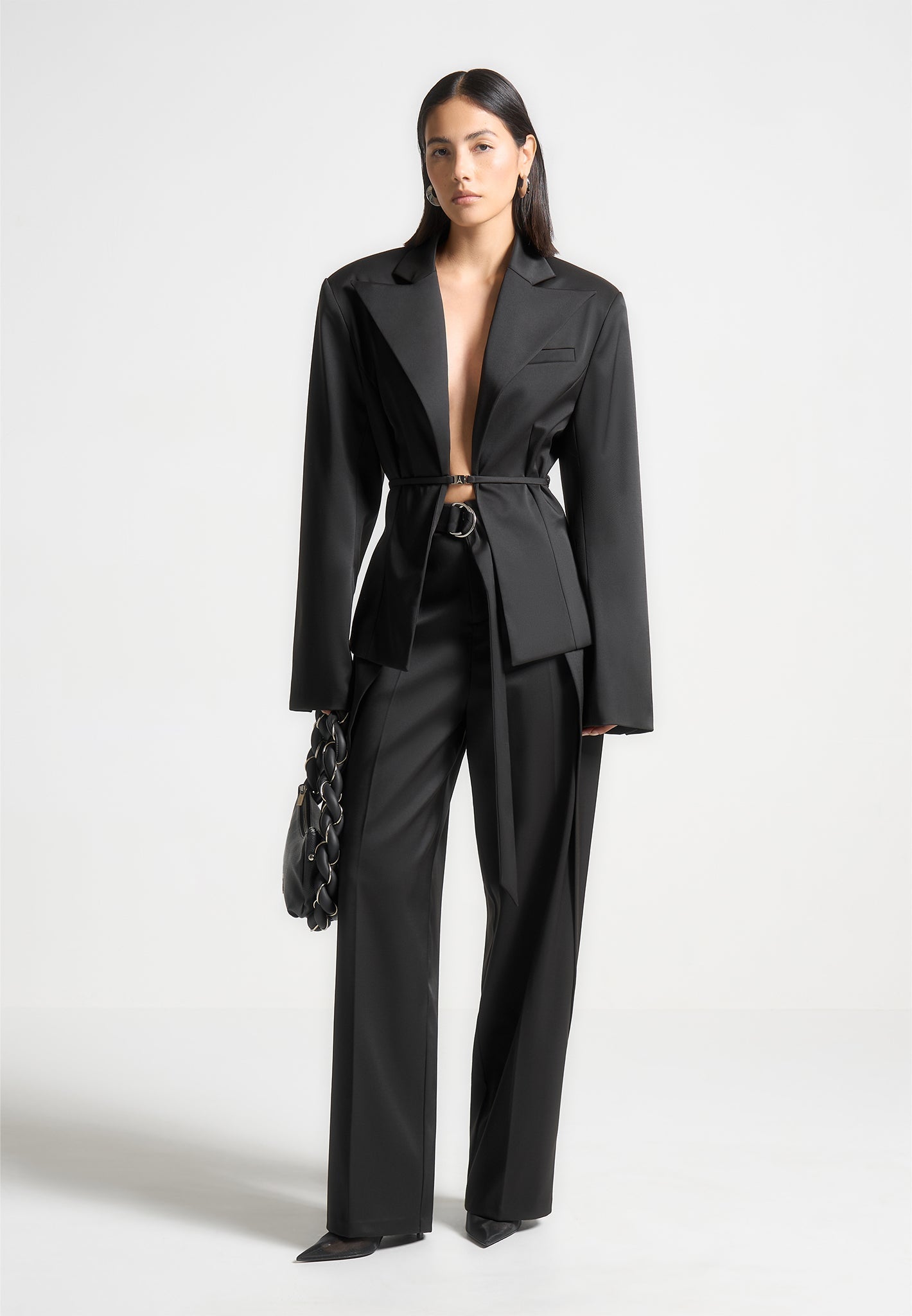 Wide Shoulder Blazer with Twin Belt for Women | Sateen Black Blazer