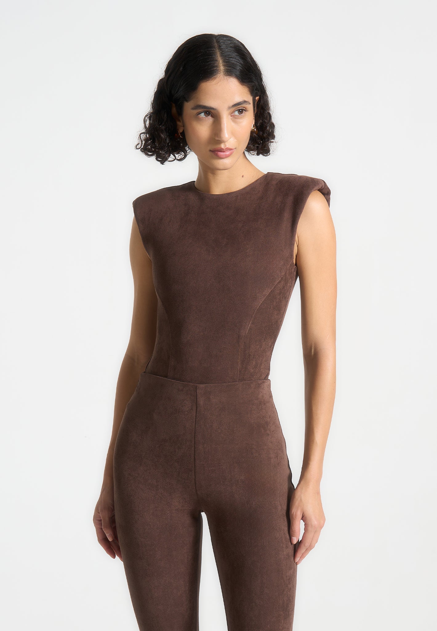 Wide Shoulder Suede Bodysuit with Back Zip | Brown Short Sleeve