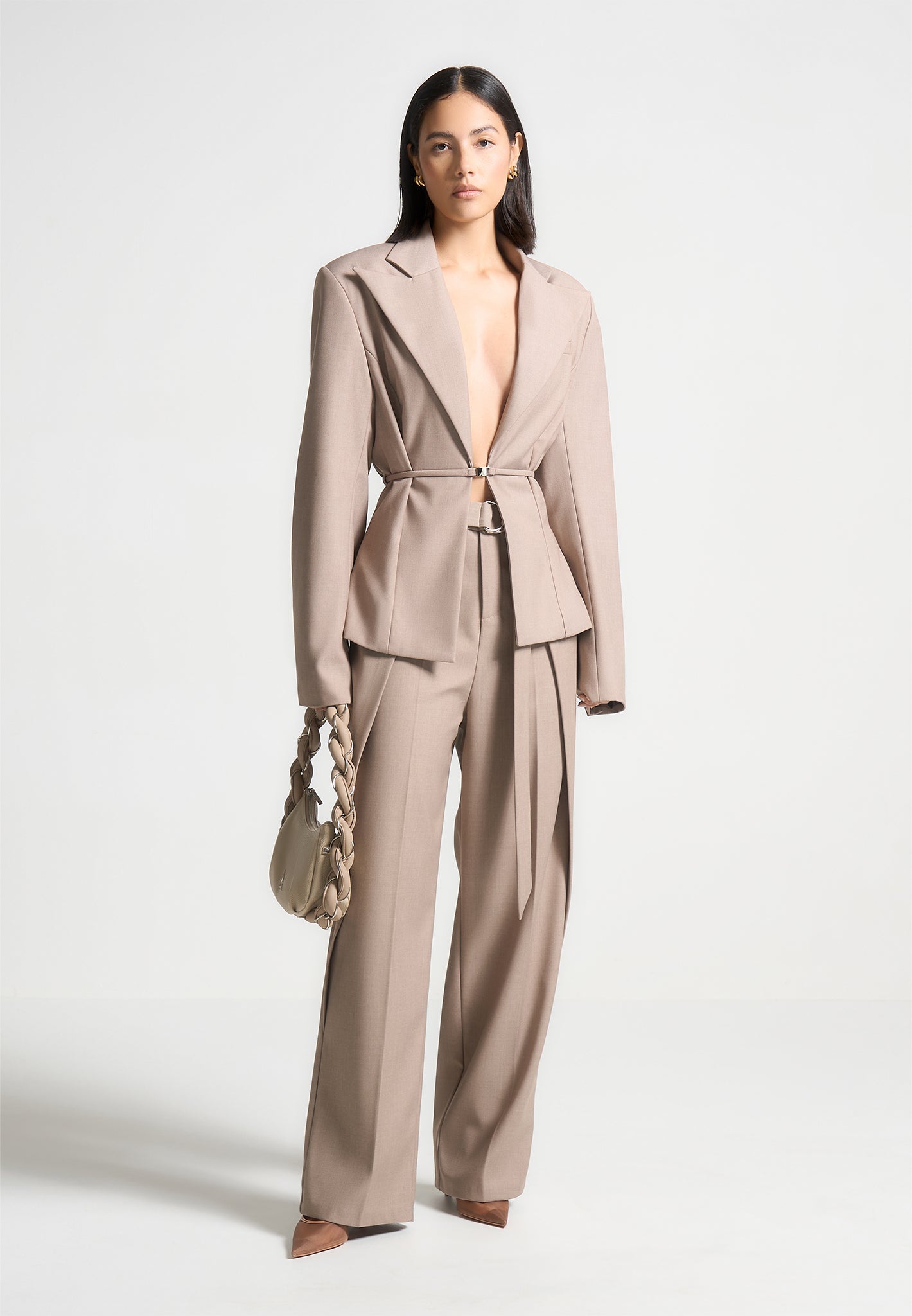 Tailored Wide Shoulder Blazer with Twin Belt | Taupe
