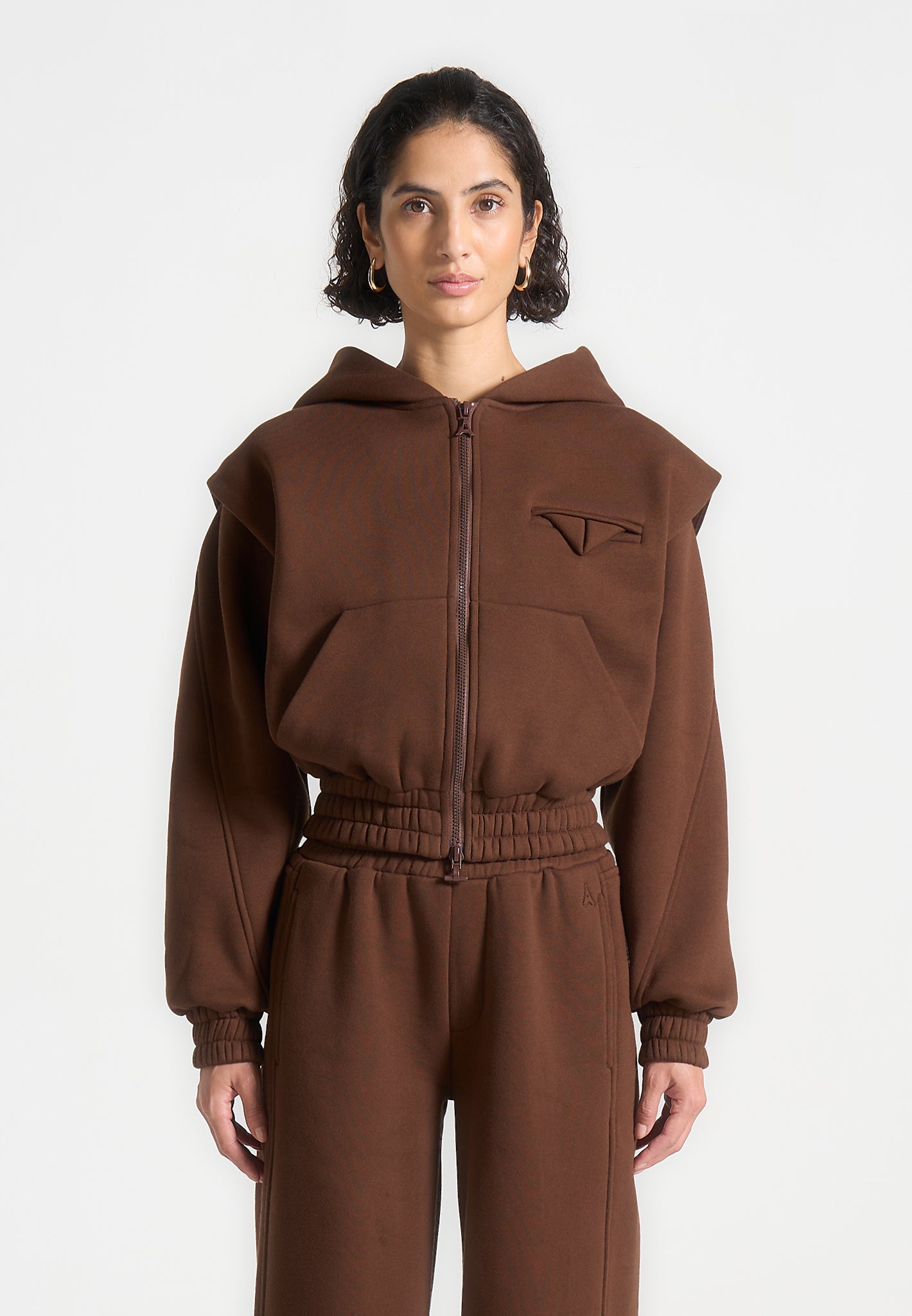 Zip-Up Hoodie with Wide Shoulders & Premium Fabric | Brown