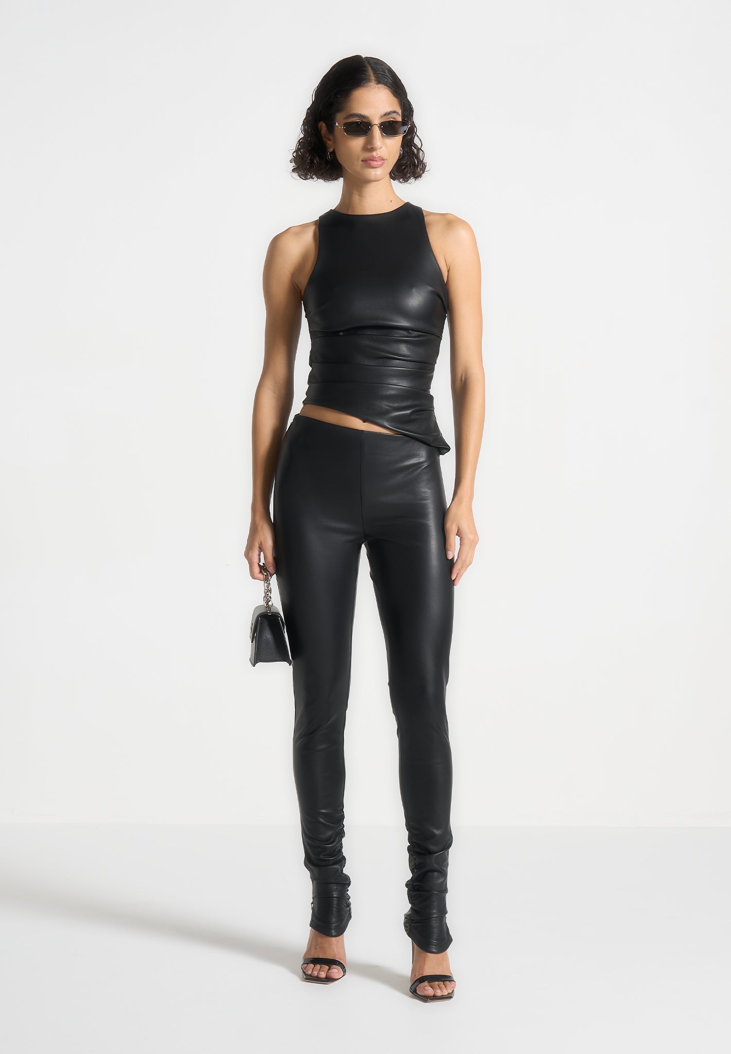 Vegan Leather Racer Top with Asymmetric Hem | Yolande Black