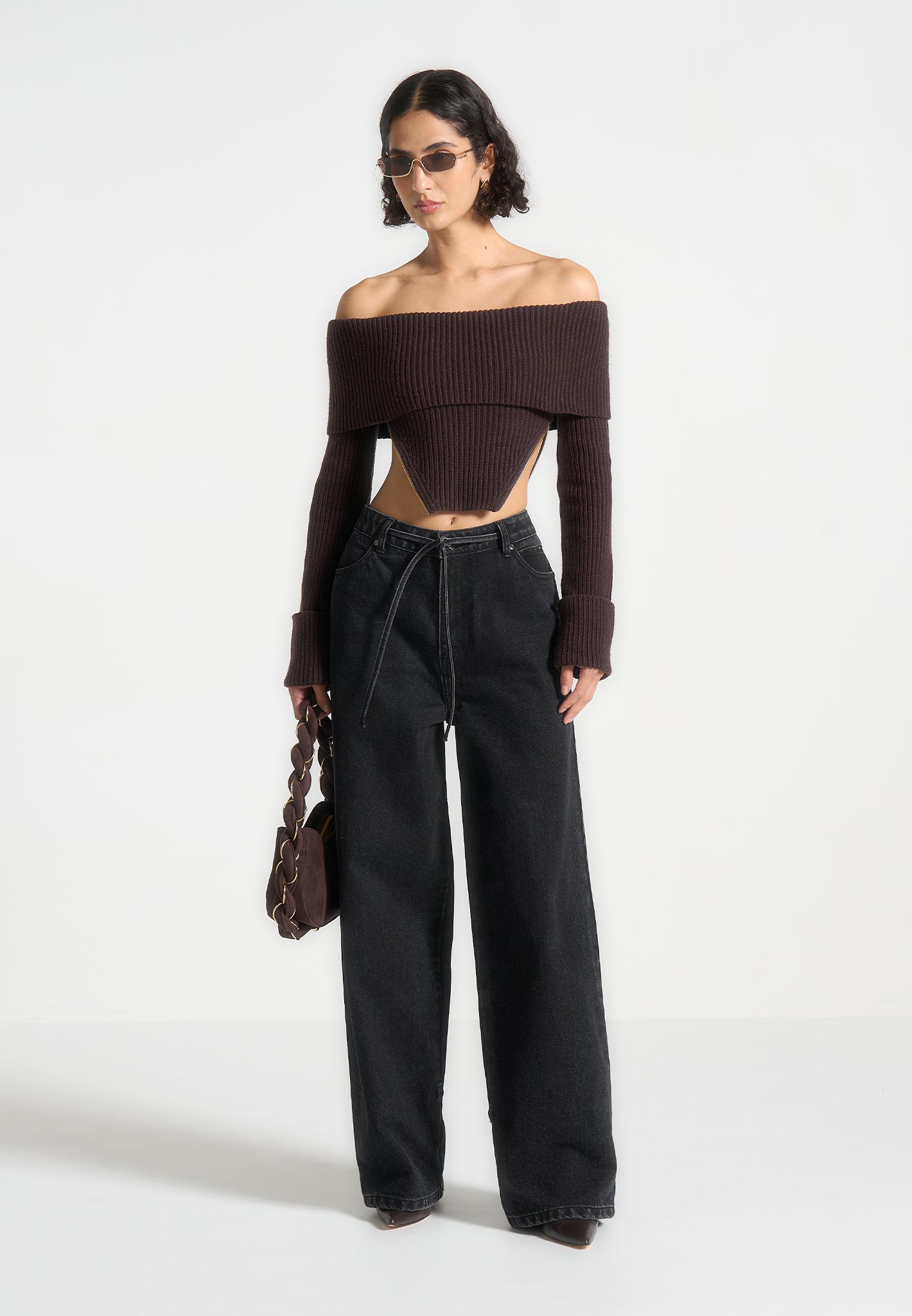 Brown Knit Bandeau Top with Zip Detail & Bardot Neckline