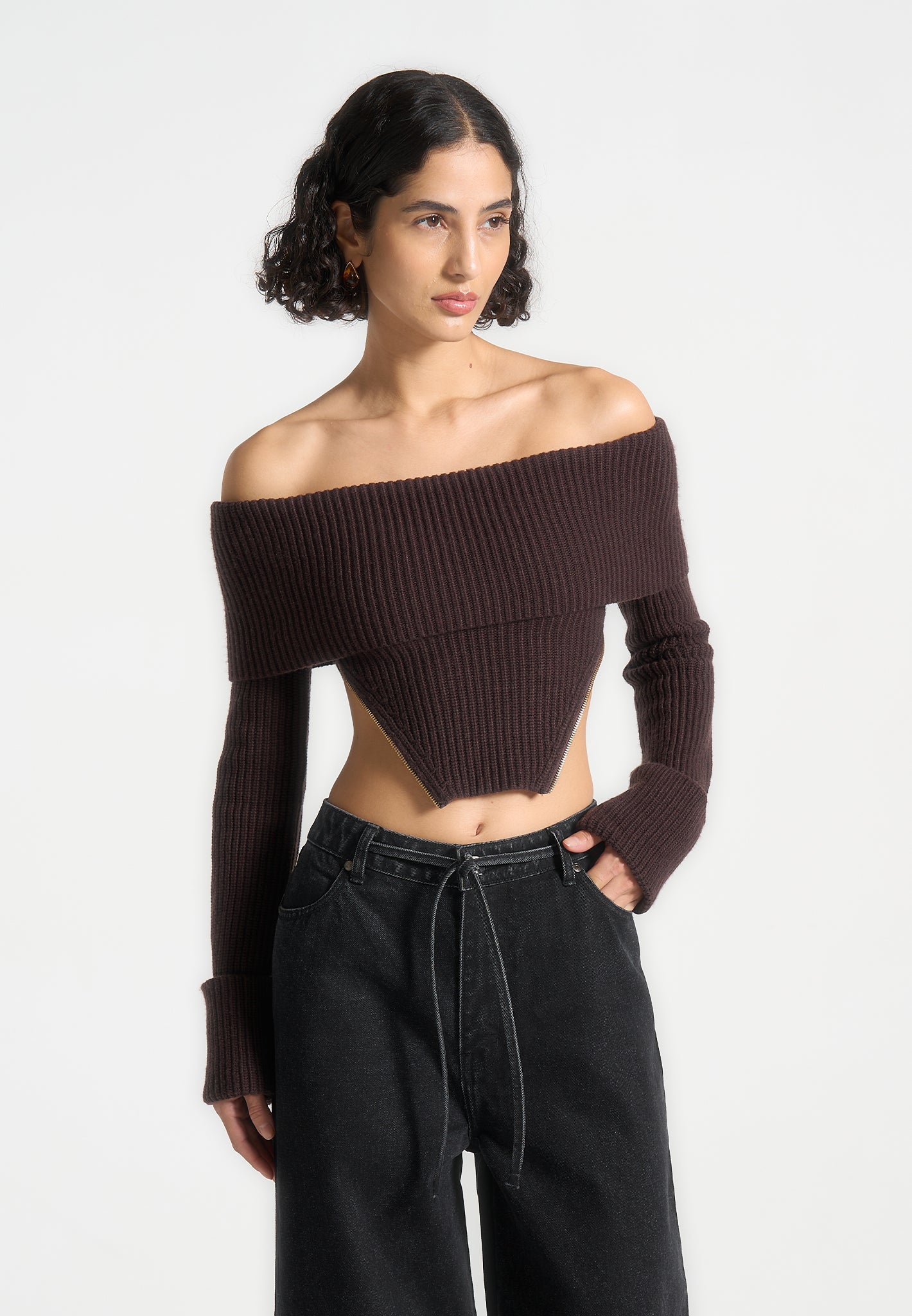 Brown Knit Bandeau Top with Zip Detail & Bardot Neckline