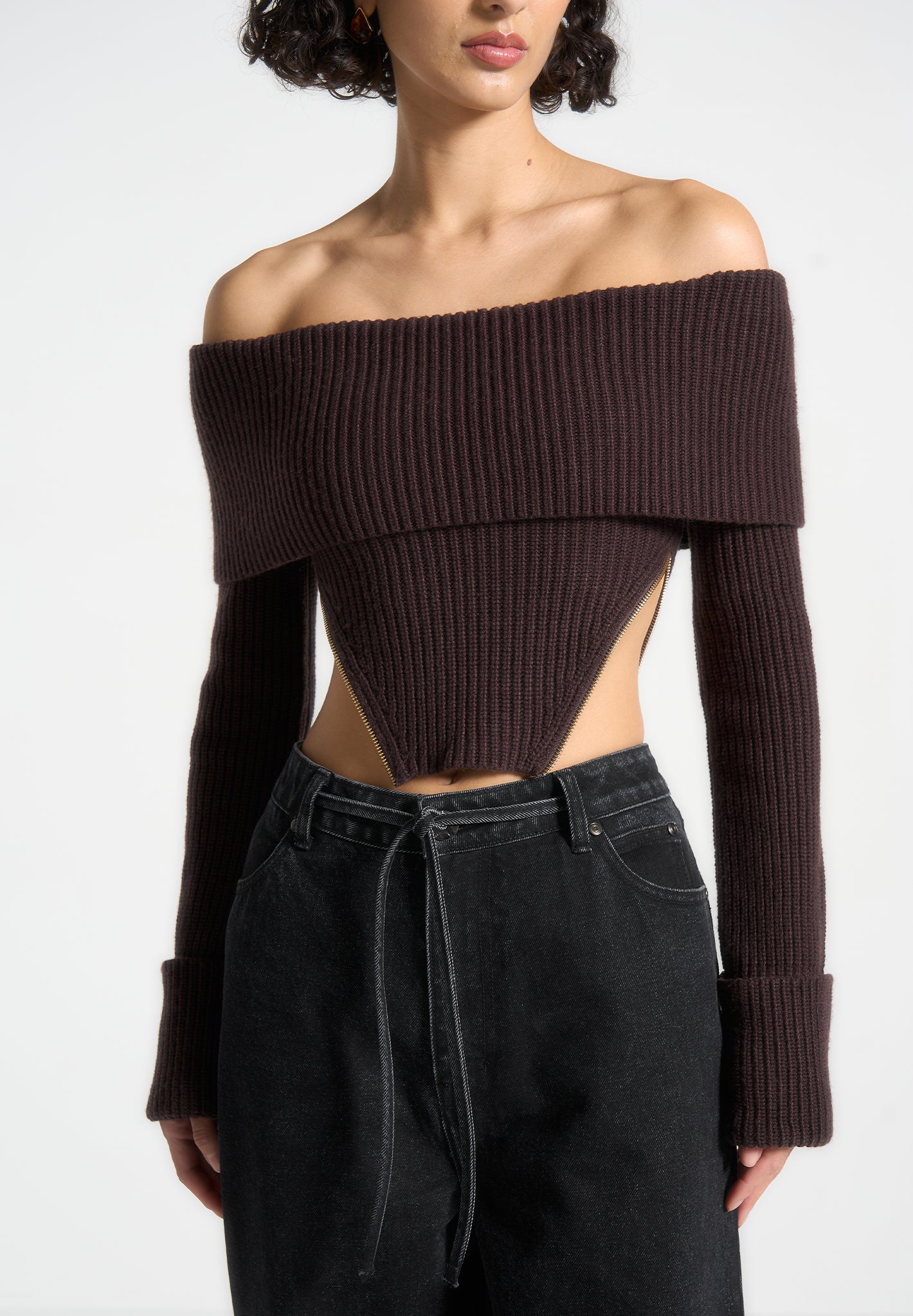 Brown Knit Bandeau Top with Zip Detail & Bardot Neckline