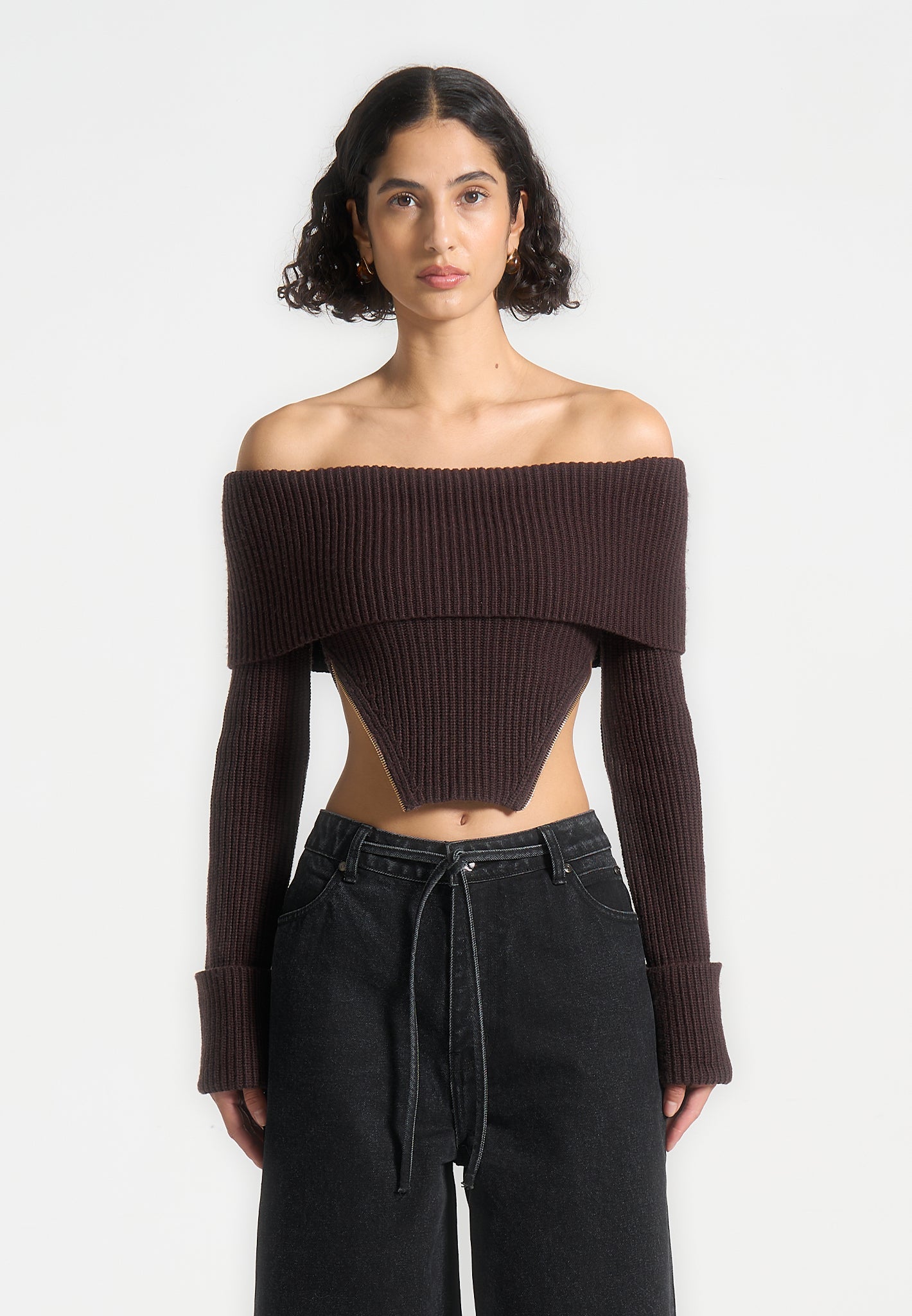 Brown Knit Bandeau Top with Zip Detail & Bardot Neckline