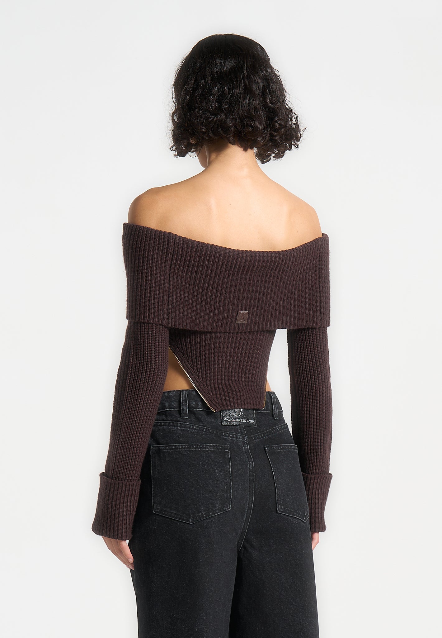 Brown Knit Bandeau Top with Zip Detail & Bardot Neckline