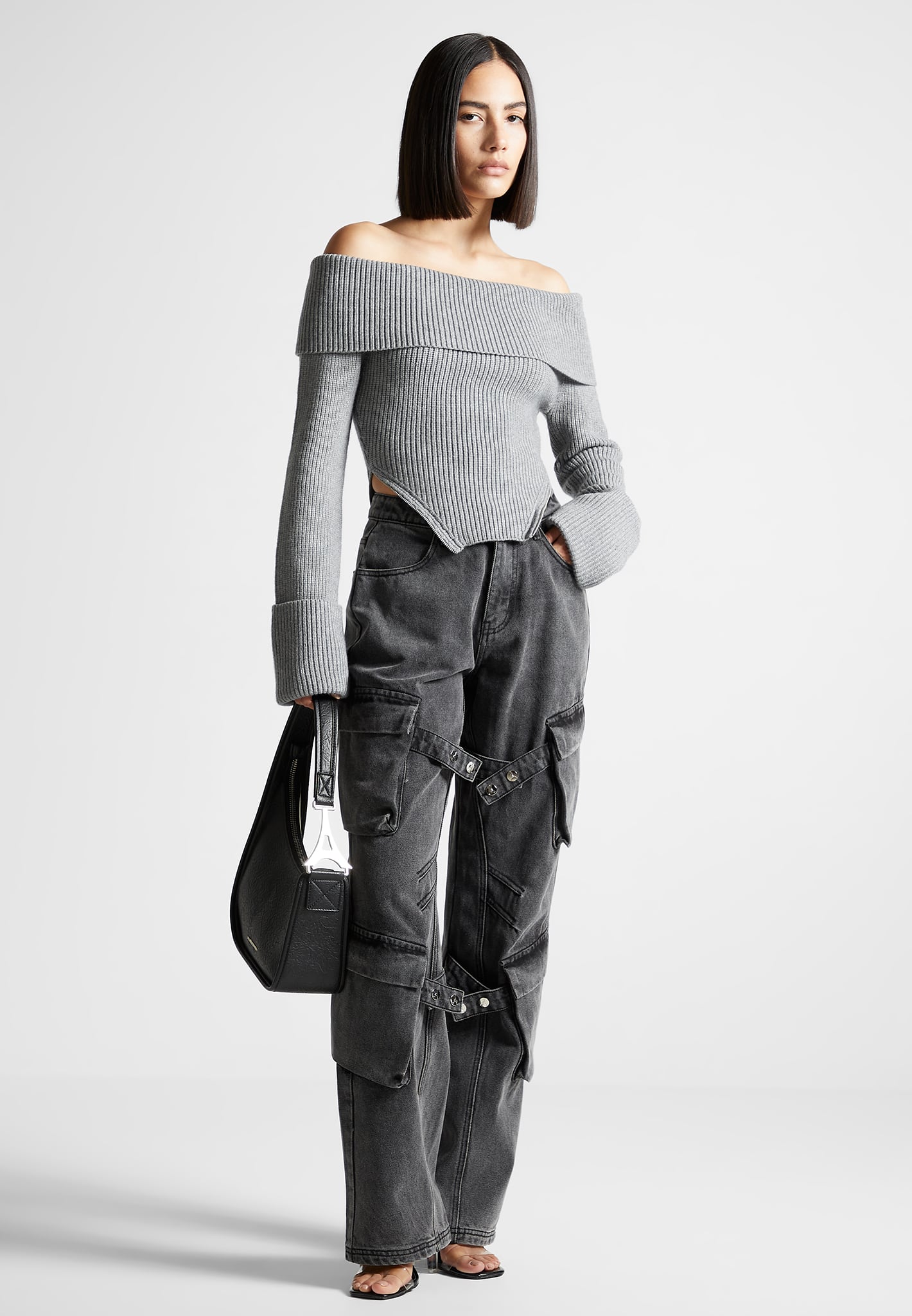 Zip Detail Knit Bandeau Top - Grey | Soft Touch Bardot Neckline