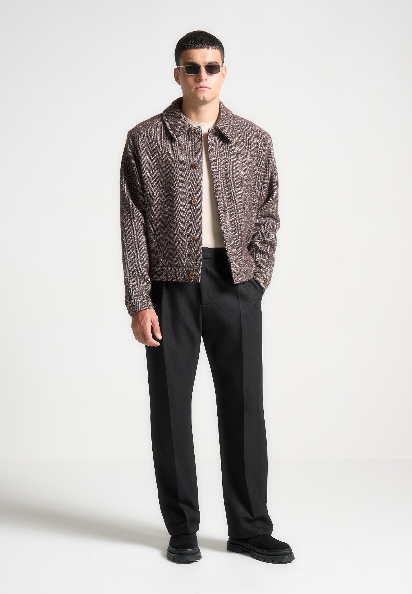 Herringbone Wool Blend Jacket - Relaxed Fit & Hidden Buttons | Boxy Brown