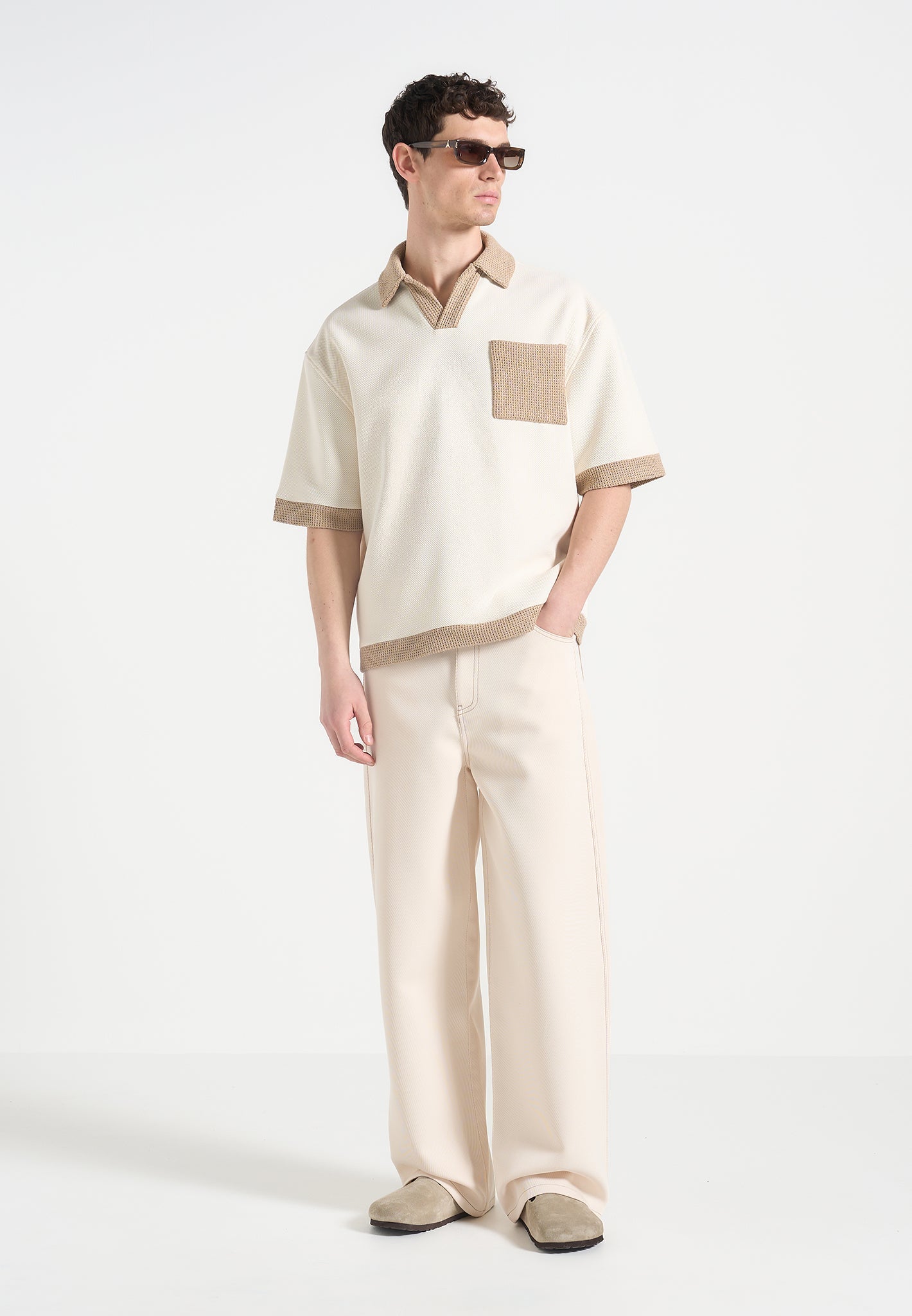 Boxy Polo Shirt with Crochet Detail - Cream | Brice