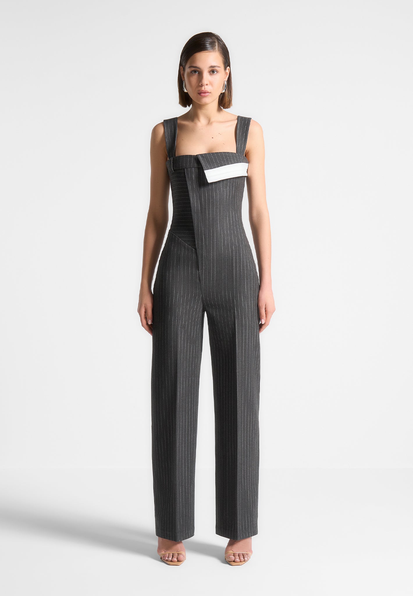 Tailored Pinstripe Jumpsuit with Detachable Straps | Camille Grey