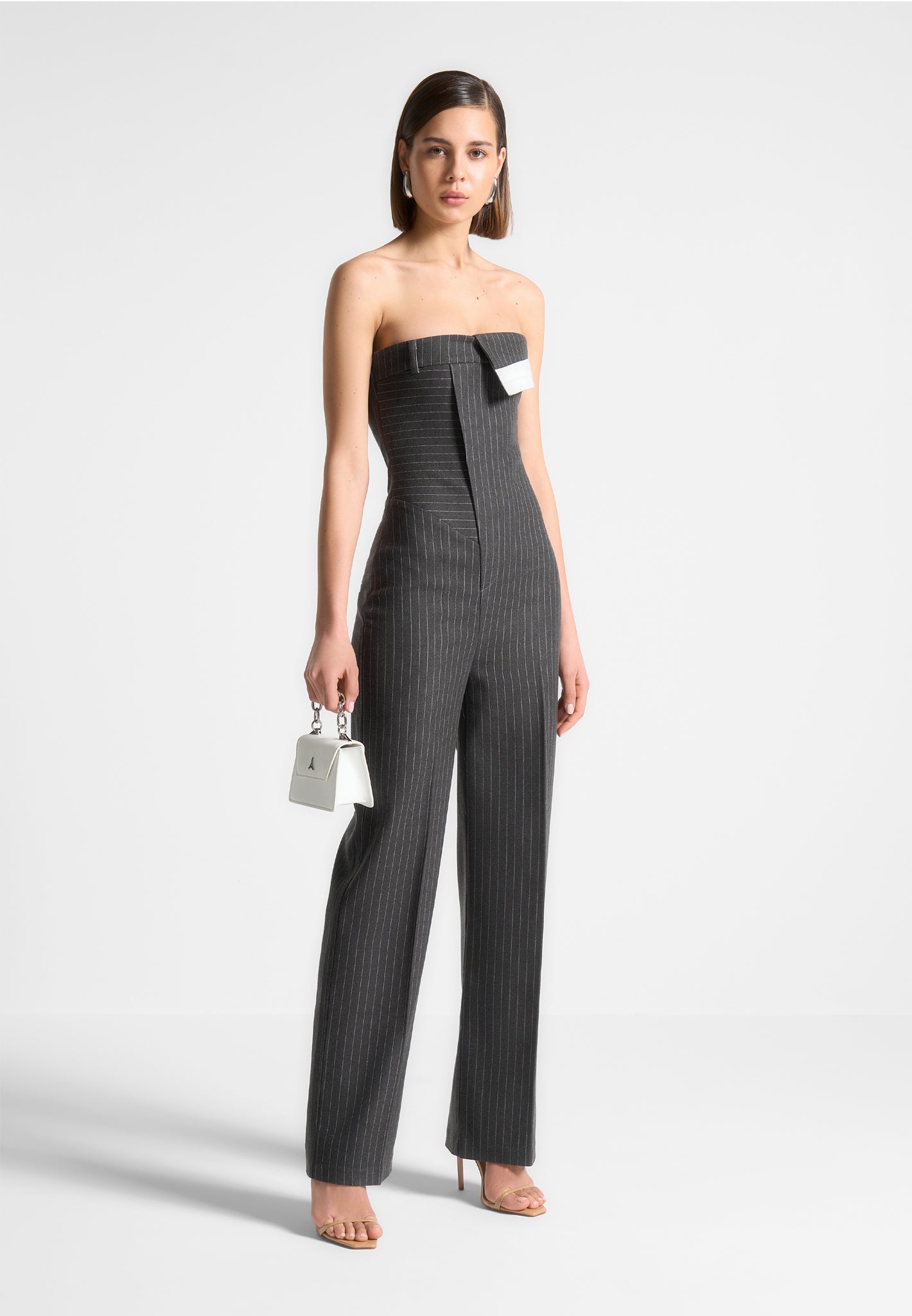 Tailored Pinstripe Jumpsuit with Detachable Straps | Camille Grey