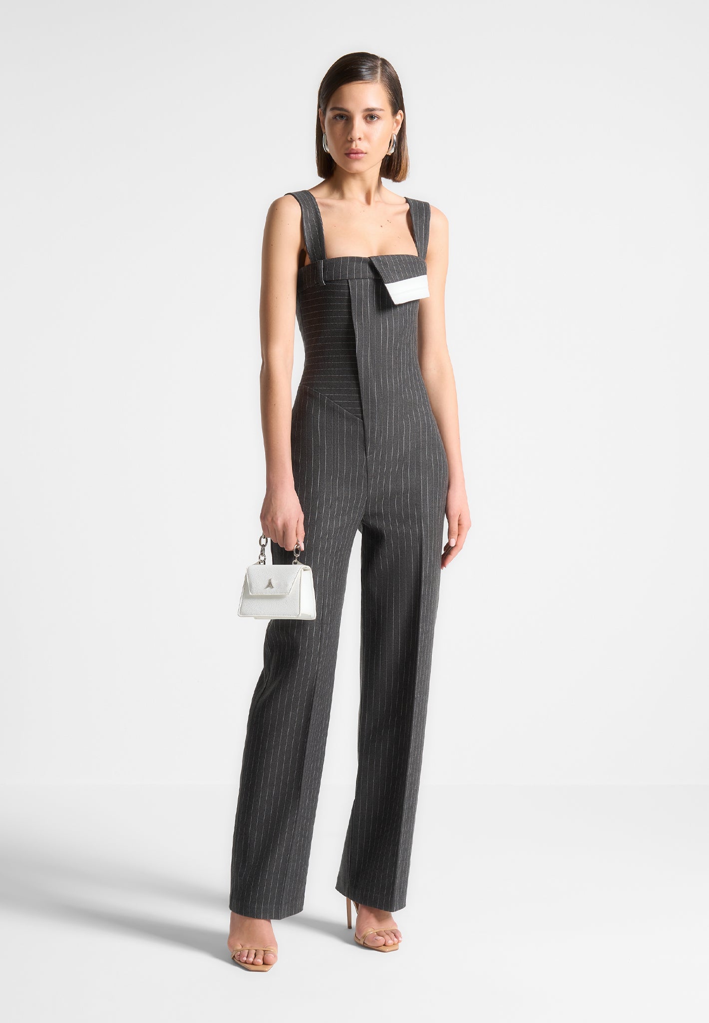 Tailored Pinstripe Jumpsuit with Detachable Straps | Camille Grey