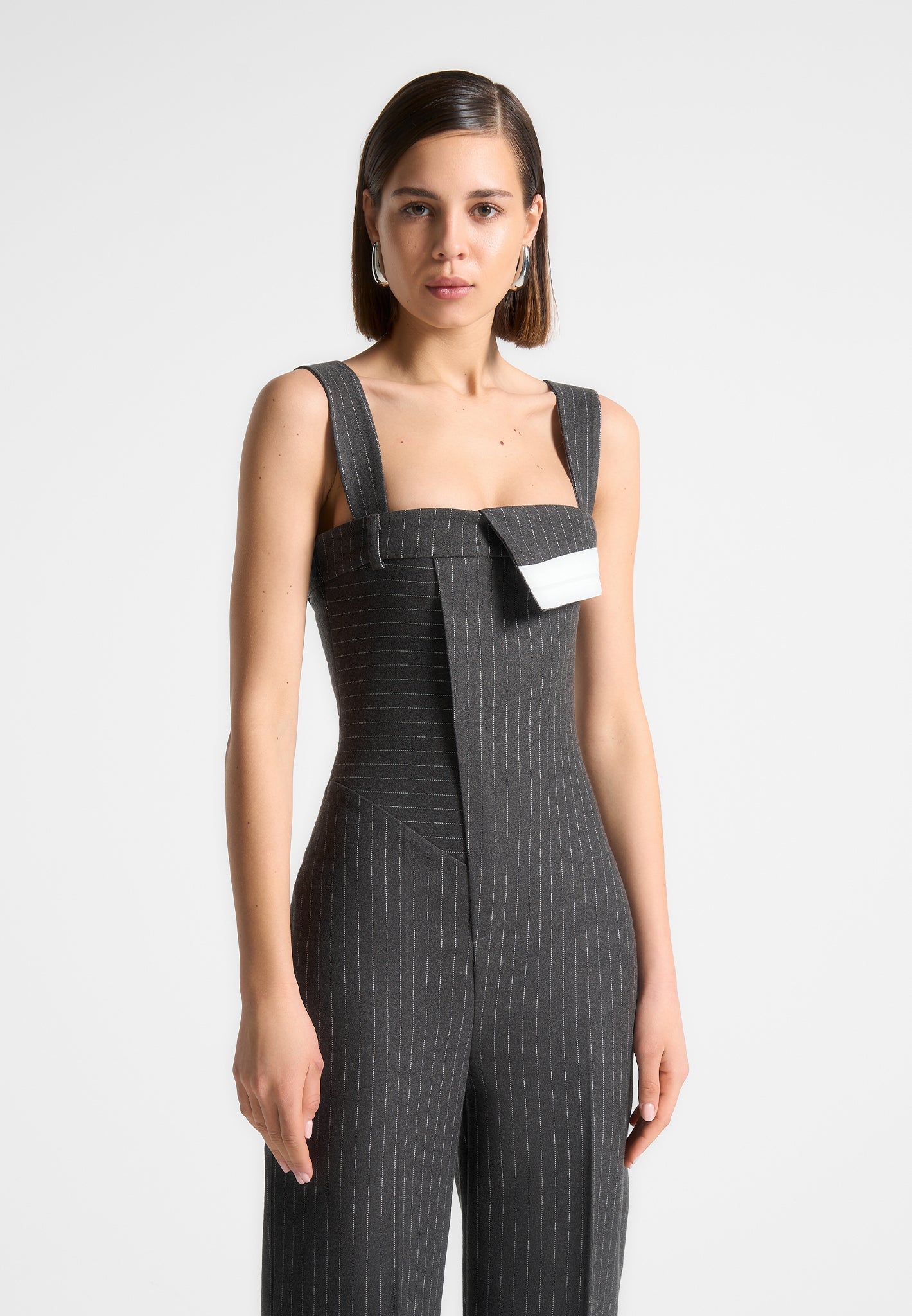 Tailored Pinstripe Jumpsuit with Detachable Straps | Camille Grey