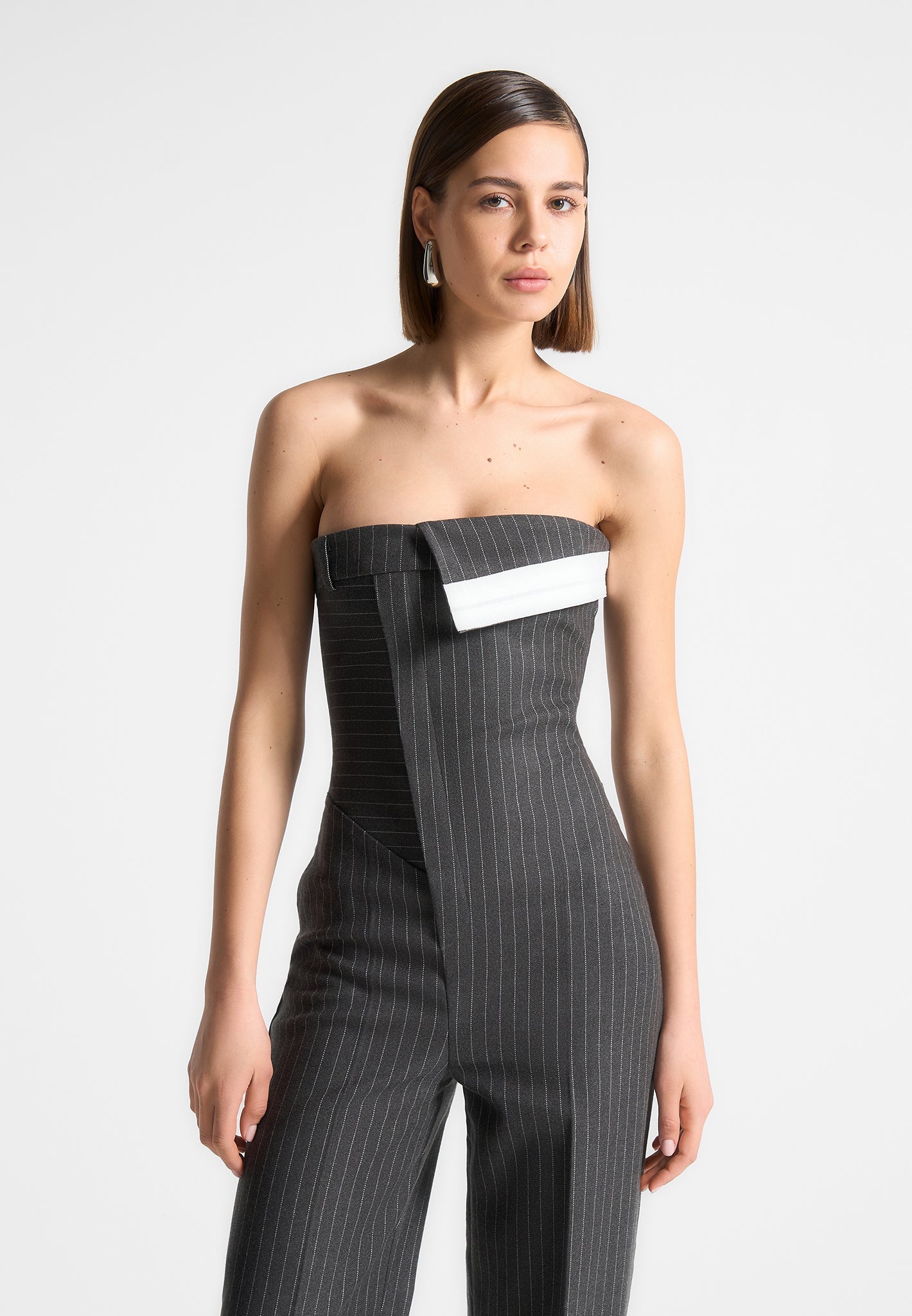 Tailored Pinstripe Jumpsuit with Detachable Straps | Camille Grey