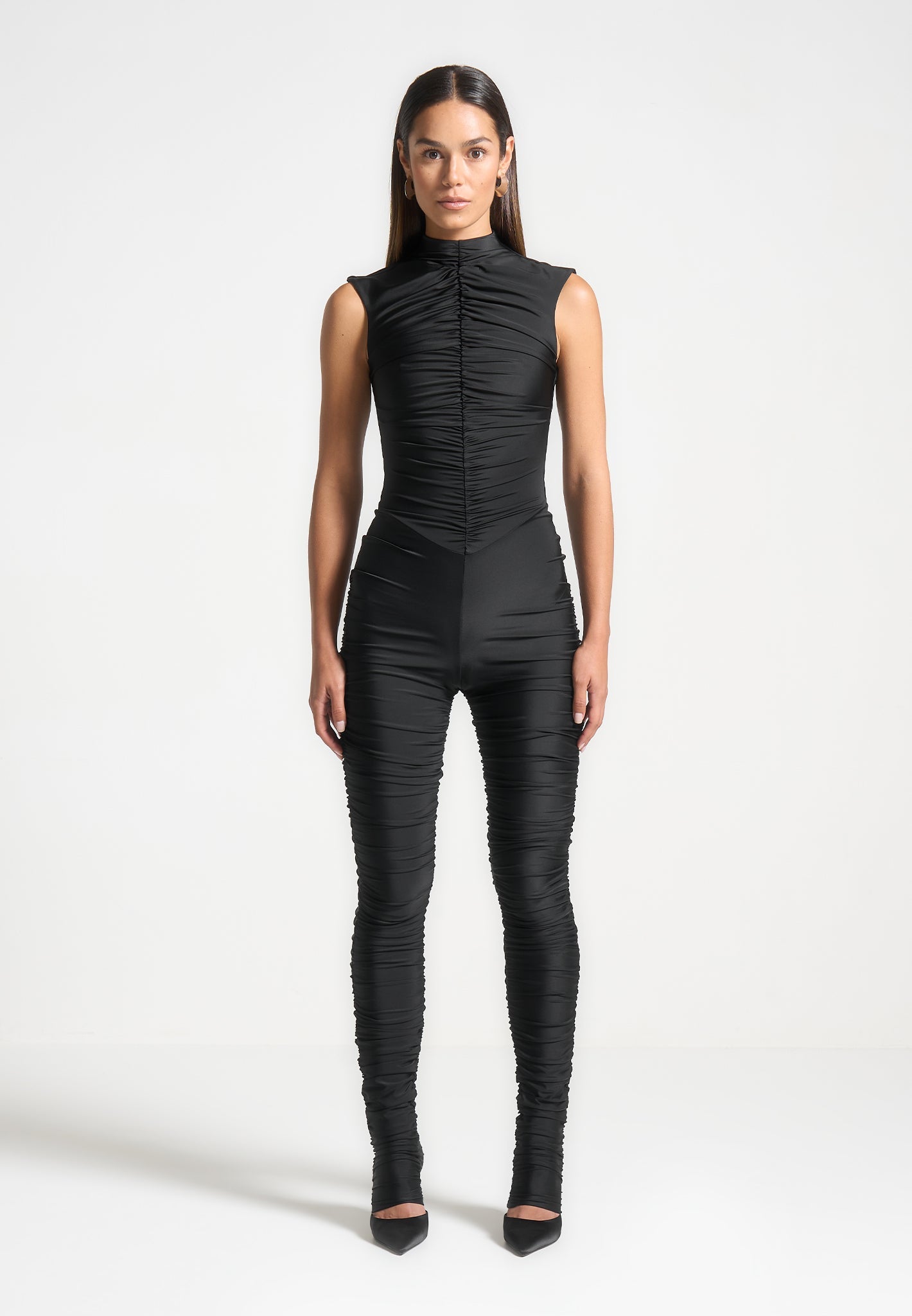 Ruched Cap Sleeve Jumpsuit with Cinch Waist | Black