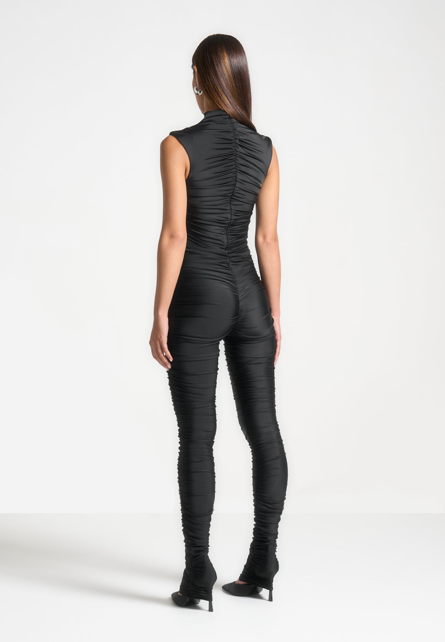 Ruched Cap Sleeve Jumpsuit with Cinch Waist | Black
