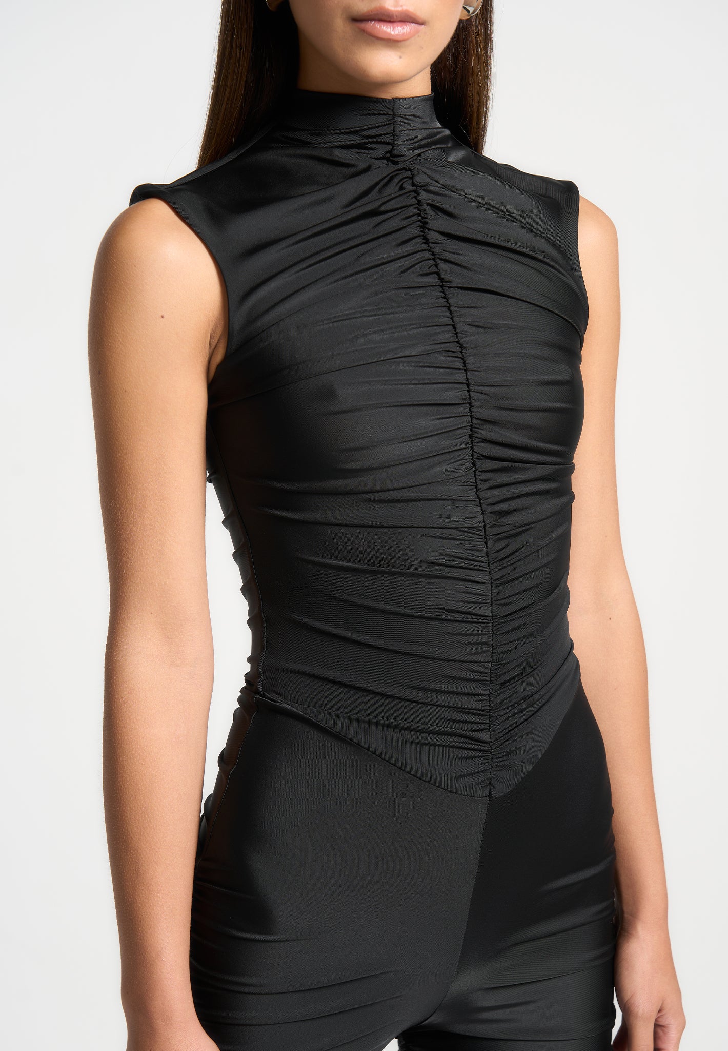 Ruched Cap Sleeve Jumpsuit with Cinch Waist | Black