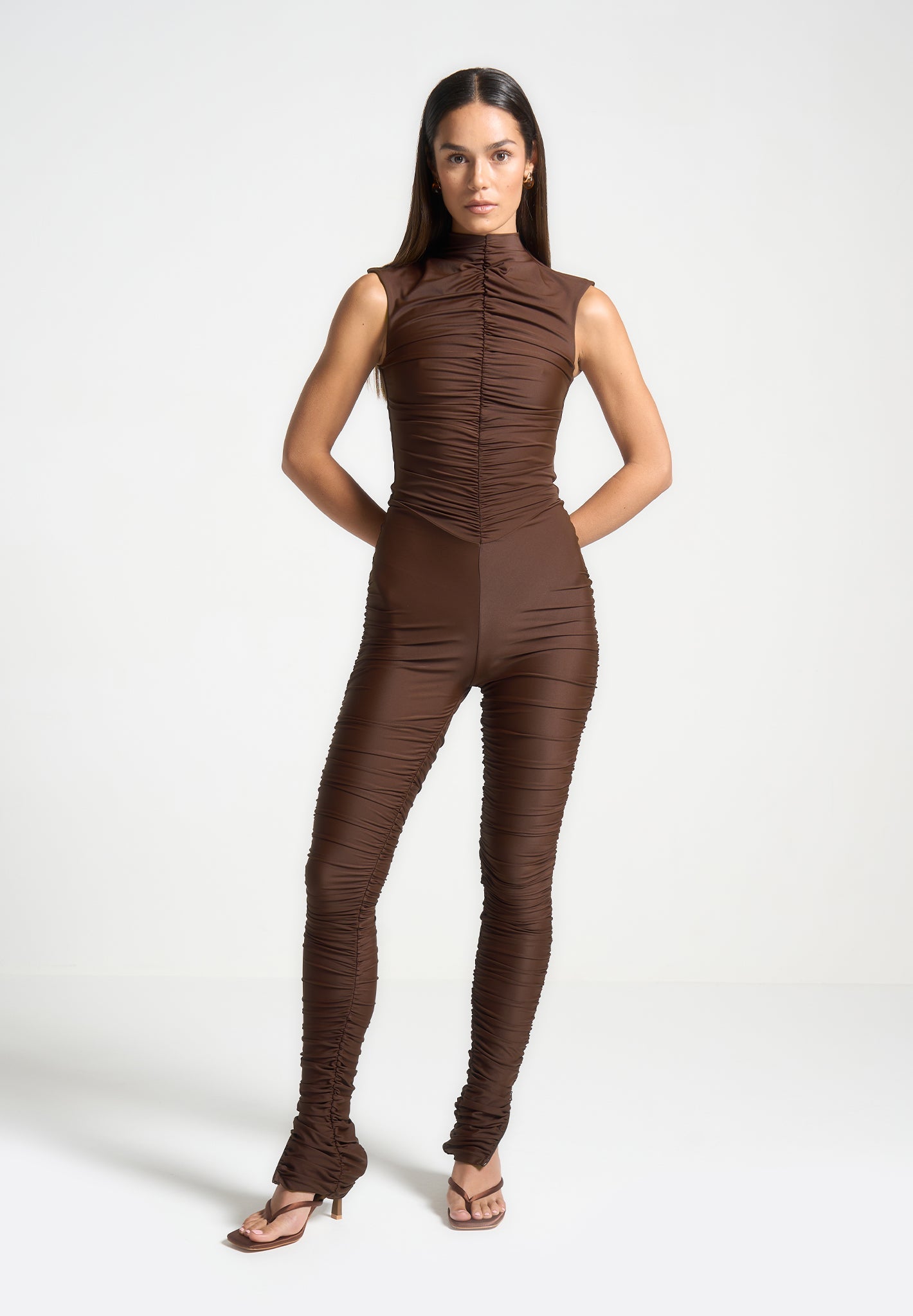 Cap Sleeve Ruched Jumpsuit with Cinch Waist | Mock Neck Design